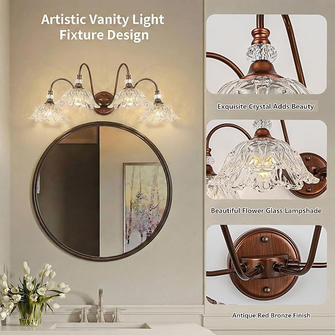 Antique Red Bronze Finish Bathroom Vanity Light, 4-Light Vintage Vanity Light with Floral Clear Glass Shades, Retro Wall Mount Lighting for Bathroom, Dressing Table
