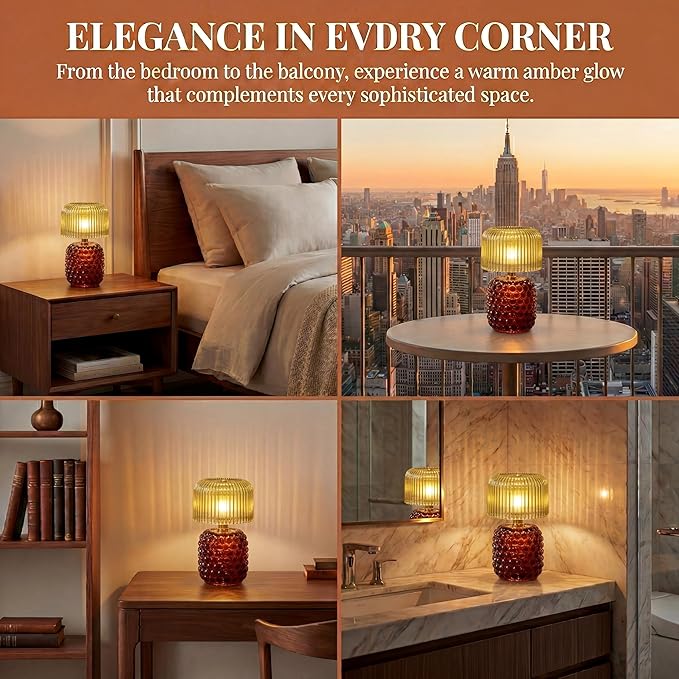 Battery Operated Table Lamp with Timer, Cordless Glass LED Night Light, Decorative Small Lamp for Bedroom Nightstand Living Room Entryway Stairway