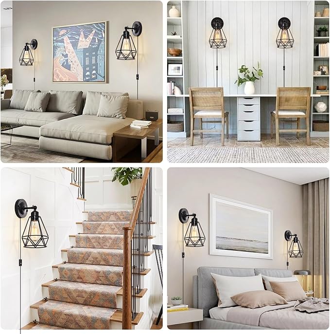 Plug in Wall Sconce, Industrial Sconces Wall Lighting, Vintage Wall Lamp with Plug in Cord, Rustic Black Sconce Fixture, On/Off Switch Sconce Light Fixture for Kitchen Bedroom Porch 2 Pack