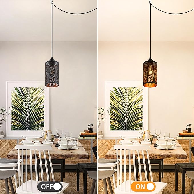 Industrial Black Plug in Pendant Light Vintage Mini Black Gold Hanging Lighting Rustic Hollow-Carved Cylinder Plug-in Pendant Light for Kitchen Island, Bedroom, Dining Room, Hallway