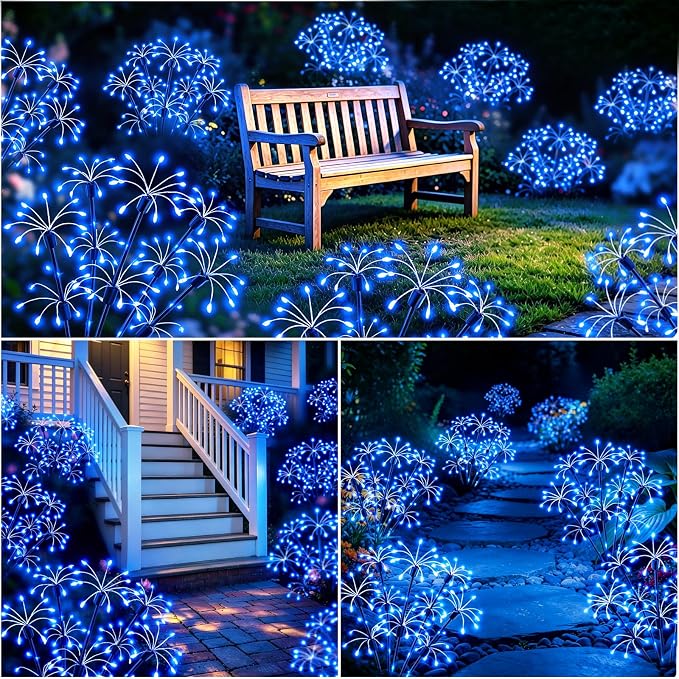 Solar Garden Lights Outdoor, 8 Pack 2-Layer Blue Solar Firework Lights, Waterproof Starburst Fairy Light Garden Decor for Yard Patio Pathway Lawn, Unique Gifts for Women Mom Grandma Mother's Day