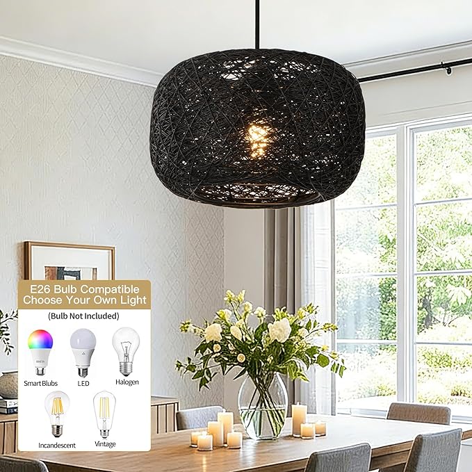 Plug in Pendant Light with Woven Rattan Lampshade, 12” Boho Hanging Lamp with 15FT Cord & On/Off Switch, E26 Socket, Ceiling Hook Installation for Bedroom Living Room Dining Nook Apartment