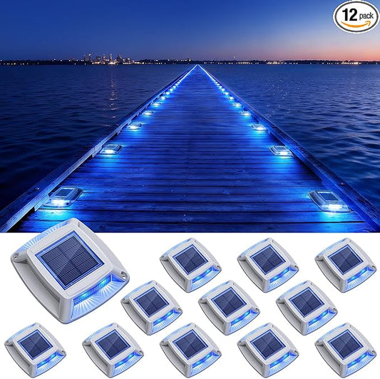 Solar Dock Lights Outdoor 12 Pack, IP68 Waterproof Solar Powered Driveway Lights, Driveway Marker Deck Lights for Steps Pathway Walkway Sidewalk Pool Garage Stair Marine (Blue)