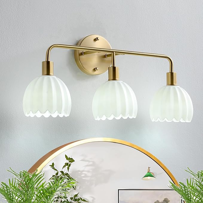 Brushed Gold 3-Light Vanlity Light Over Mirror,Wall Sconces,Gold Brass Bathroom Light Fixture with White Glass Flower Shade,E26 Socket(Bulbs Not Included)