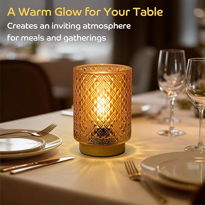 LUSHARBOR Battery Operated Lamp with Timer, Small Table Lamp Bedside Decor Ambient Light, Glass Cordless Battery Lamp for Bookshelf Living Room Entryway Diamond Design-Amber