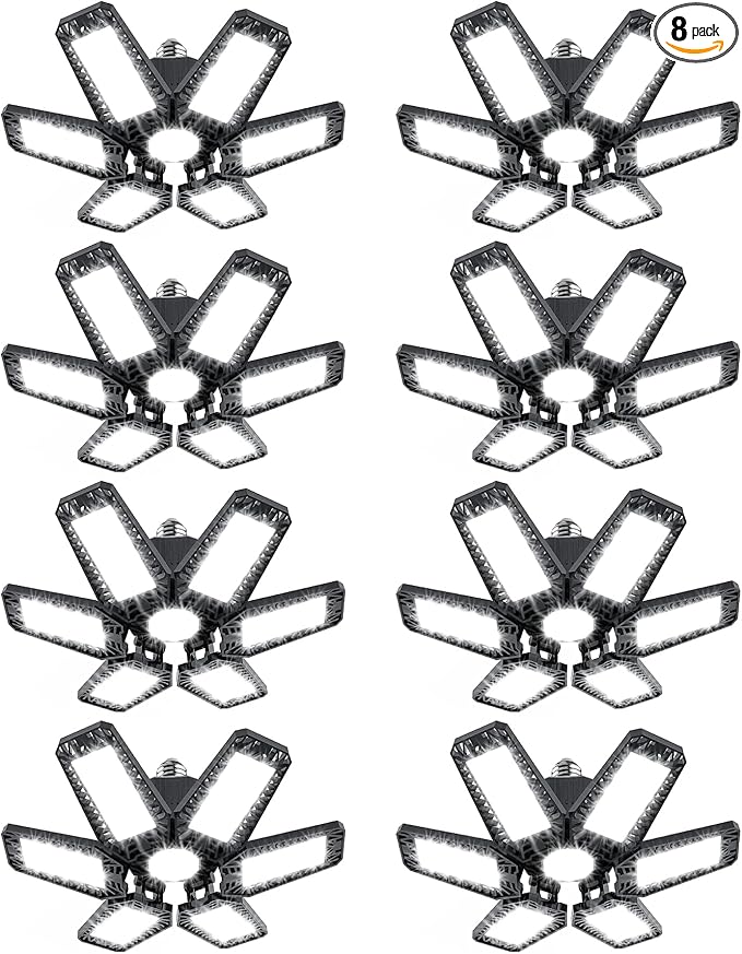 8 Pack LED Garage Light - 180W 18000LM 6500K Shop Lights, Garage Lights Ceiling LED with 6 Deformable Panels, Screw in E26/E27 Bulb Socket Lighting for Workshop Basement Barn Gym Warehouse