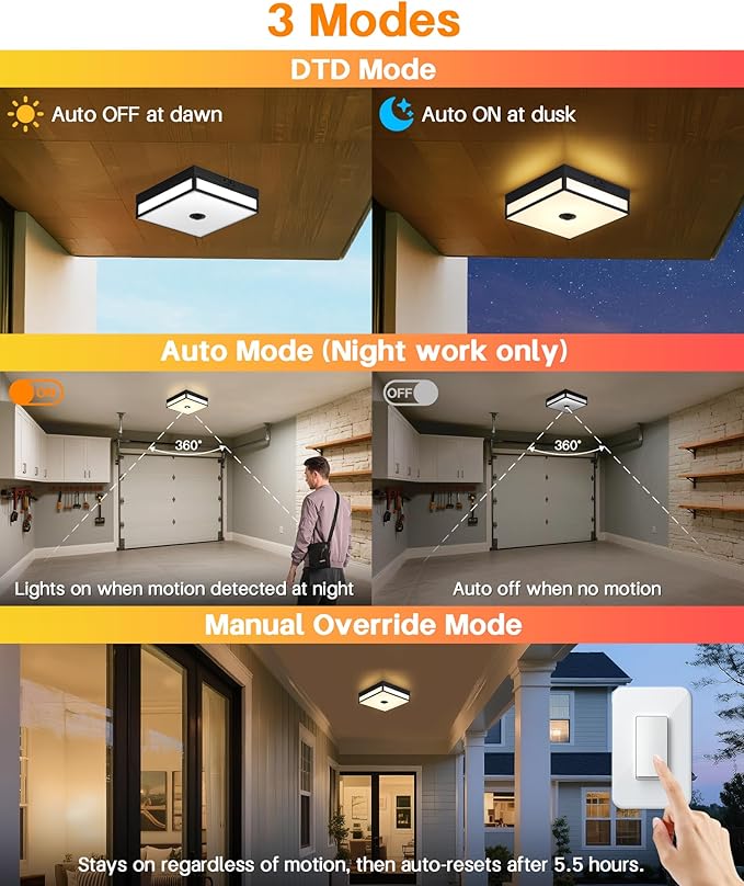 Motion Sensor Outdoor Light, Flush Mount Ceiling Fixture with 24W LED, Dusk to Dawn, Adjustable 3CCT, Black Exterior with Acrylic Diffuser, for Porch, Garage, Entryway, Patio Lighting
