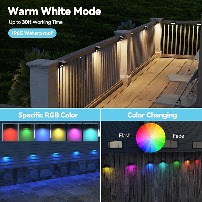 Bridika Fence Solar Lights Outdoor Waterproof Warm White & Color Glow LED, Solar Outdoor Wall Lights for Backyard, Patio, Deck Railing, Stair Handrail, Pool and Wall (4 Packs)