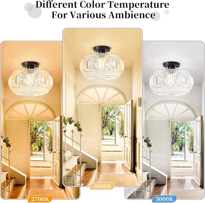 Semi Flush Mount Ceiling Light, Upgraded 12 inch Larger Black Glass Ceiling Light Fixture, Vintage Lighting for Hallway Kitchen Bedroom Dining Room, Bulb Not Included