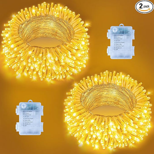 Ollny Fairy Lights Battery Operated 2 Pack, Total 200 LED 66 FT Battery String Lights, Waterproof LED Light with 8 Modes, Bedroom Indoor Outdoor Classroom Party Decorations, Warm White