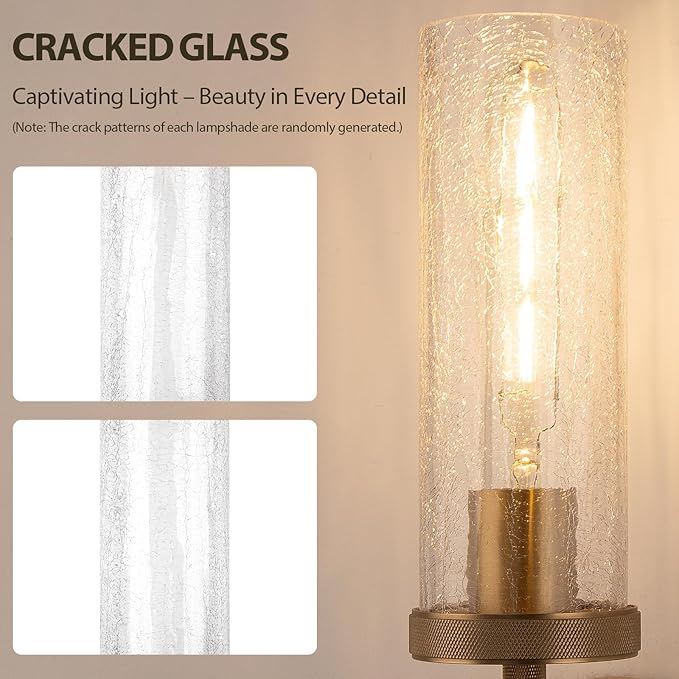 15" Knurled Brass Wall Sconce with Crackle Glass Tube, Gold Bathroom Vanity Light Fixtures, Modern Lamp Lighting for Bedroom, Living Room, Hallway, Staircase, Mirror, Kitchen