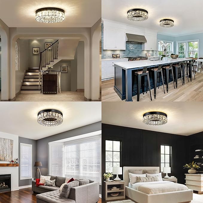 MEXO Crystal LED Flush Mount Ceiling Light Fixtures Modern Black LED Chandelier Lighting for Kitchen Closet Hallway Bedroom Foyer Laundry Room