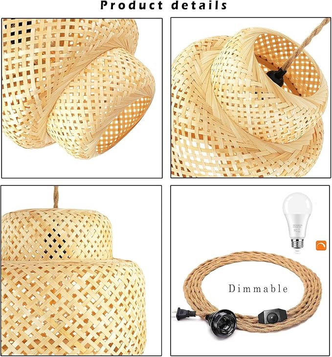 Plug in Pendant Light Rattan Hanging Lights with Plug in Cord Bamboo Hanging Lamp Dimmable,Handmade Woven Boho Wicker Basket Lamp Shade,Plug in Ceiling Light Fixture for Living Room Bedroom Kitchen