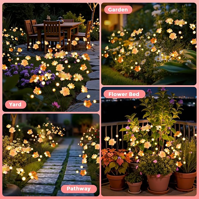 PEVOROS Solar Garden Lights, Warm White LED Swaying Solar Flowers Light for Outside, Waterproof Garden Decor, Outdoor Decorative Lights Yard, Patio, Pathway Decoration Gardening Gifts (4 Pack)