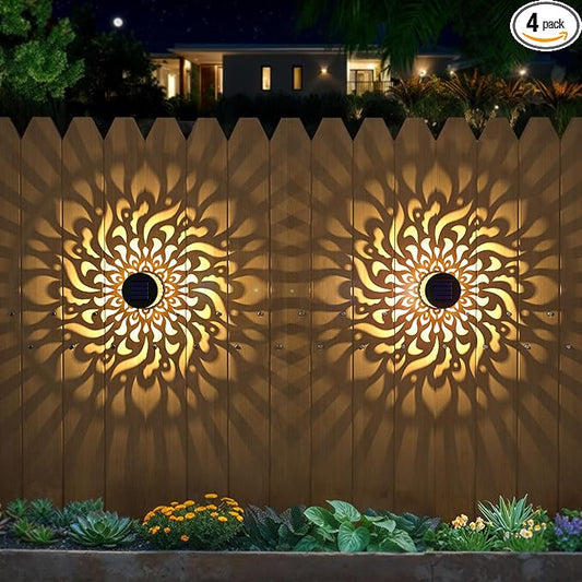 4 Pack Solar Fence Lights Metal Solar Powered Outdoor Wall Deck Step Lights Mandala Theme Waterproof Fence Light for Garden Post Patio Backyard Yard Decor, Gardening Gifts for Women Mom Grandma