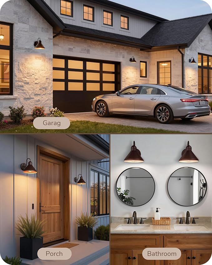 EDISHINE 2 Pack Gooseneck Barn Light, 8IN Outdoor Wall Light Fixture, Farmhouse Outside Wall Sconce, Brown Wall Mount Lantern for Porch, Entryway, Garage
