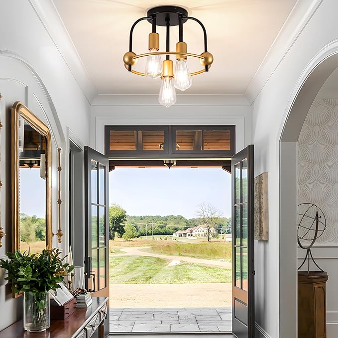 3 Light Industrial Ceiling Light Black Gold Semi Flush Mount Lights Close to Ceiling Light Fixtures,cage design Farmhouse Ceiling Lighting for Kitchen Bedroom Bathroom Foyer Hallway (E26, 2Pack)