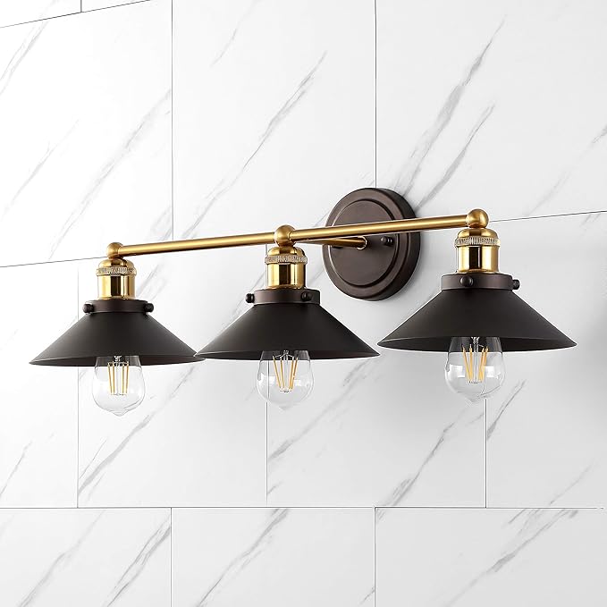 JONATHAN Y 26.5" Oil Rubbed Bronze/Brass Gold 3-Light Industrial Farmhouse Metal Vanity Light Wall Sconce, Metal Shade for Bathroom Mirror, Kitchen, Entryway, LED Bulb Included (JYL7428C)