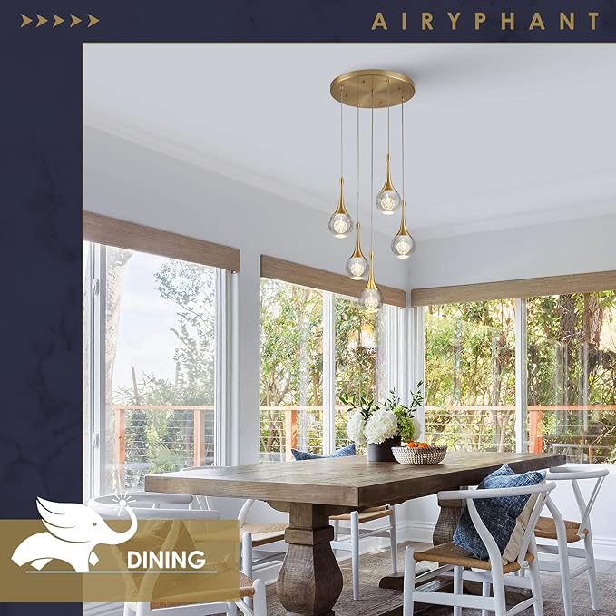 5 Lights Crystal Pendant Light, 25W Gold Dimmable LED Teardrop Cluster Pendant Lighting Fixture for Dining Room Kitchen Living Room Foyer Hallway Bedroom 3000k Warm White