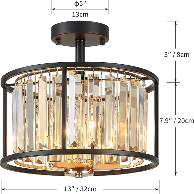 AGV LIGHTING CL005BB K9 Crystal Semi Flush Mount Ceiling Light Fixture, E12 Base 3-Lights, D13 x H15, Champagne Crystal Shade & Matte Black Finish Metal Frame