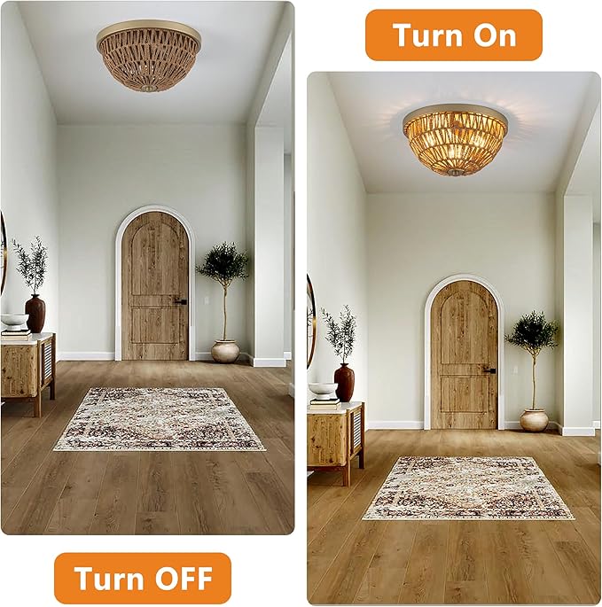 Gold Rattan Ceiling Light, 3 Light Boho Light Fixture with Drum Shape, Woven Flush Mount Ceiling Light for Entryway, Hallway, Bedroom, Kitchen