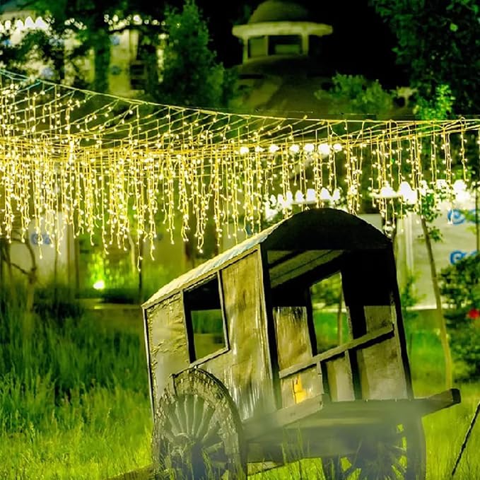 ZIMINGU Icicle Lights Outdoor, 32.8 FT 400 LED 8 Modes Christmas String Fairy Lights with 80 Drops, Twinkle Waterproof Connectable for Roof Balcony Business Park Decor, Warm White, 10M
