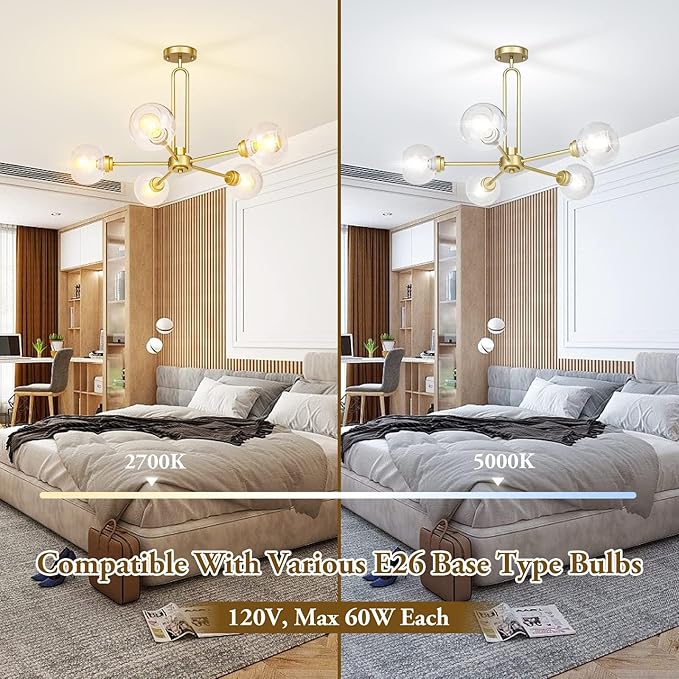 Globe Chandelier Pendant Lighting, Gold Modern Large Semi-Flush Ceiling Light Fixture with Clear Glass, 5-Light Sputnik Light Fixture Dining Room, for Kitchen Living Room Bedroom