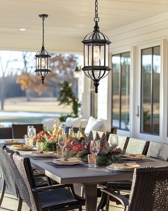 VIANIS 20" Large Outdoor Pendant Light, Black Outdoor Chandelier for Porch with Tempered Beveled Glass, 1-Light Adjustable Outdoor Chandelier for Entryway, Gazebo, Anti-Rust, 100% Aluminum