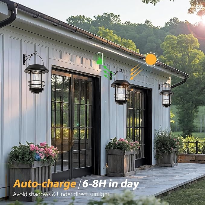 Otdair Solar Lanterns Outdoor Waterproof 2 Pack, Auto On/Off Hanging Solar Lights for Outside with Wall Mount, Outdoor Lighting Outdoor Decorative for Wall, Front Porch, Yard, Garden, Fence