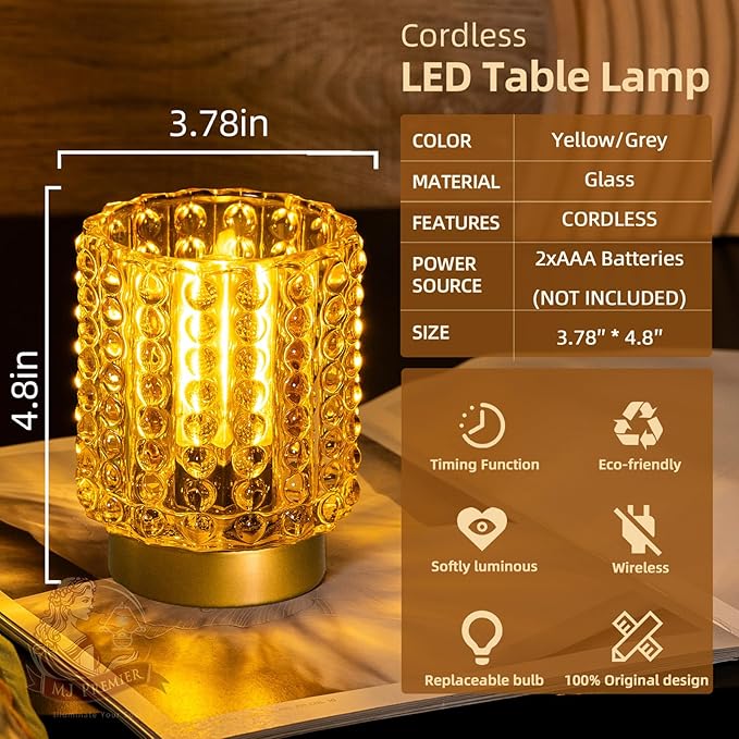 Battery Operated Lamp with Timer, Mini Crystal Table Lamps for Home Decor, Small Cordless Lamp for Areas No Outlets, Glass Battery Powered Lamps for Entryway, Bedroom, Bathroom, Shelf (2 Yellow)