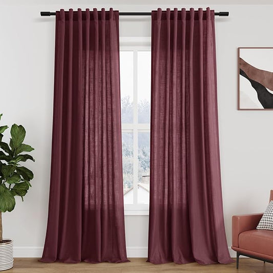 Nanspring Burgundy Linen Curtains 108 Inches Long for Living Room Bedroom 2 Panels Set Extra Long Back Tab Curtain Light Filtering Sheer Drapes Floor to Ceiling Curtain for Large Windows 52x108