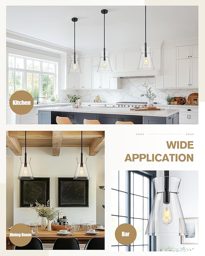 Emak Black Pendant Lights Kitchen Island, Modern 9 Inch Large Clear Glass Pendant Light, Farmhouse Hanging Lights for Kitchen, Dining Room, PL130-BK-CG