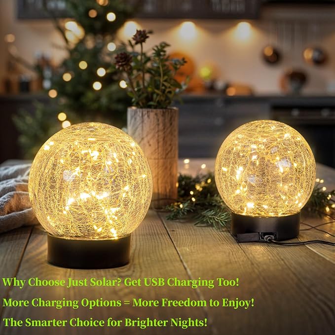 Beautyard Solar Globe Lights Outdoor Large Garden Decor USB Charged 4.72" Diameter 40LED 1000mAh Solar Lights Cracked Glass Globe Solar Power Yard Patio Garden (4.72'' Large 2 Pack Warm White)
