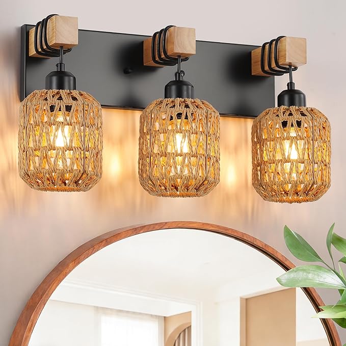 LmnLvn Farmhouse Bathroom Light Fixture, Boho Vanity Light, 3-Light Rattan Bathroom Light Fixture Over Mirror Rustic Vanity Lighting with Handwoven Shades, Suit for Restroom, Bedroom, Hallway