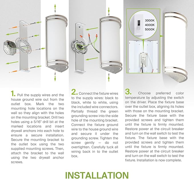 ASD LED Indoor Wall Mount Light Fixture - 14 Inch 20W Modern Interior Nickel Dimmable Wall Sconce Light - ETL 3000K 4000K 5000K Adjustable - Hallway, Bedroom LED Wall Lights, 2 Pack