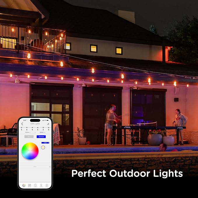 Enbrighten Vibe Vintage Outdoor String Lights Gen 2, 48ft, 24 RGBWIC Acrylic Bulbs, Weatherproof, Perfect for Gameday, Holidays, and More, Smart App Control, Compatible with Alexa, Google Home, 86128
