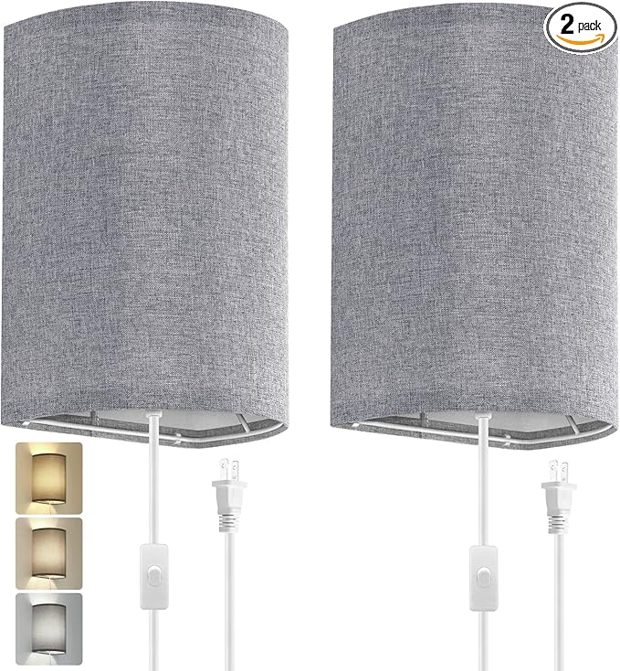 Wall Sconces Set of Two, Fabric Shades Plug in Wall Sconces, 3 Color Temperature Switching Modern Wall Light Fixtures, Wall Lamp with Plug in Cord, On/Off Switch Wall Lights for Bedroom Porch (Grey)