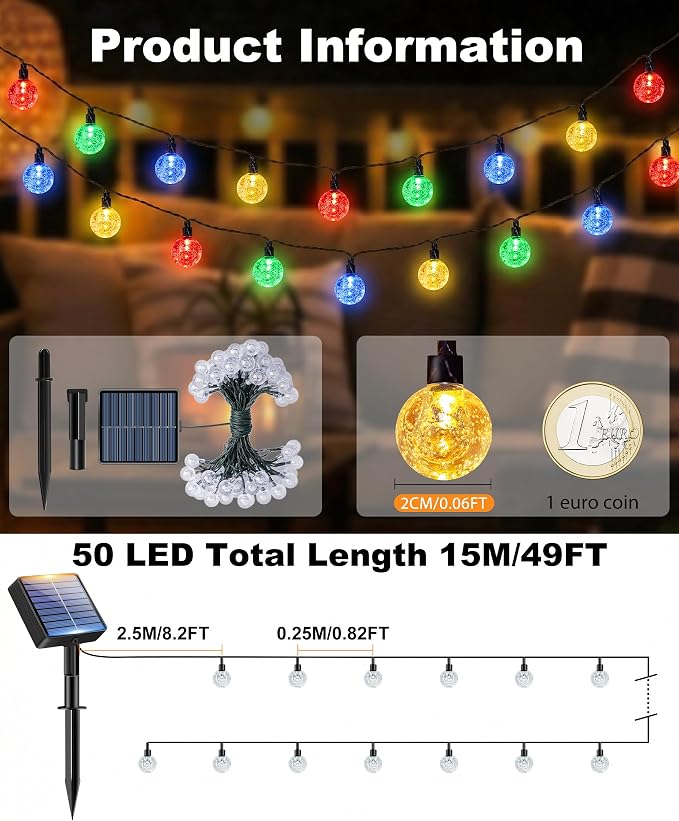 btfarm 2 Pack Solar String Lights Outdoor Waterproof, Total 98 FT 100 LED Solar Powered Patio Light, 8 Lighting Modes Crystal Globe Decor for Garden Balcony Yard Christmas Party, Multicolor