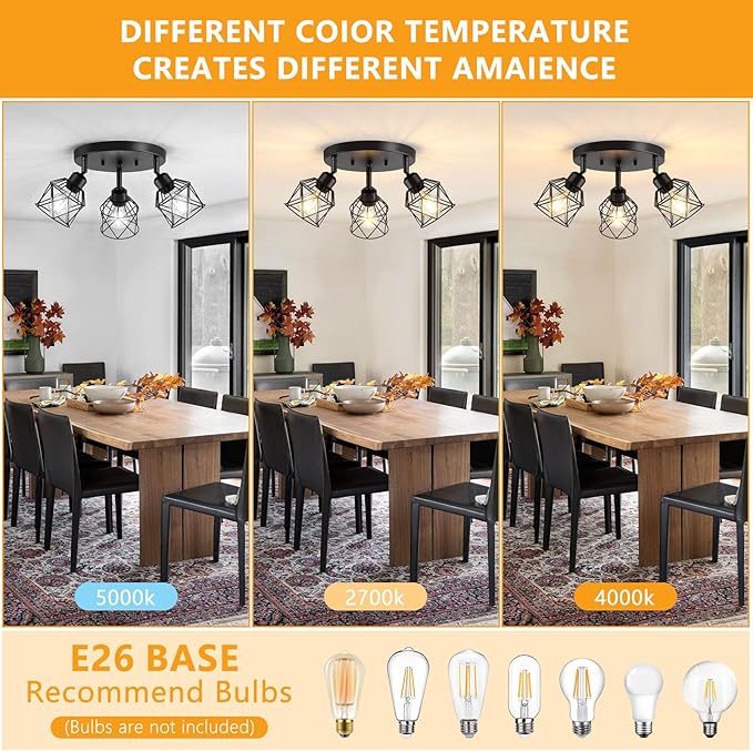 3-Light Kitchen Flush Mount Ceiling Light, Adjustable Multi-Directional Ceiling Light Fixture, Farmhouse Black Metal Cage Close to Ceiling Lamp for Dining Room Bedroom Hallway