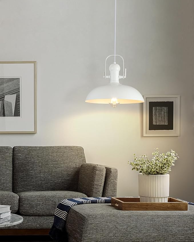 White Pendant Lights Kitchen Island 2 Pack, 13.8 Inch Dome Pendant Light, White Farmhouse Pendant Light, Industrial Pendant Lights for Kitchen Barn Hallway Porch Dining Room