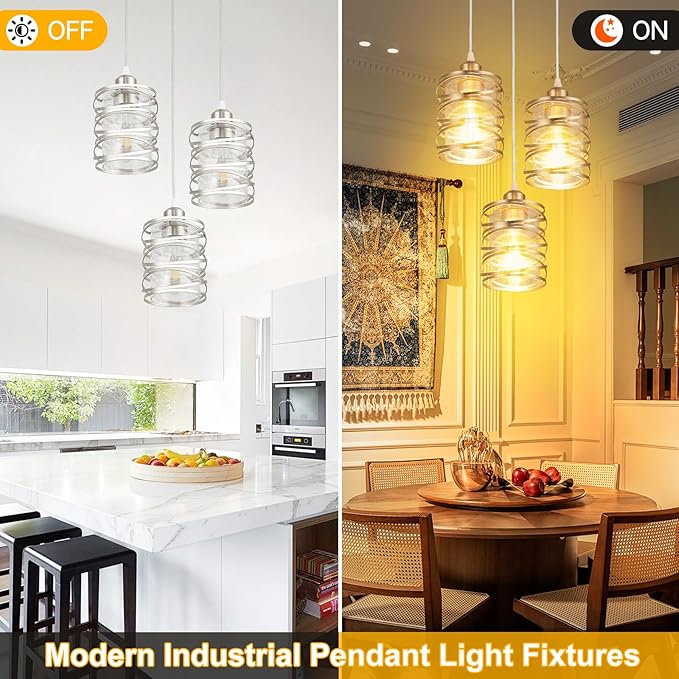 Brushed Nickel Cluster Pendant Lights, 3-Light Kitchen Island Pendant Light Fixtures with Clear Glass Shades, Adjustable Spiral Iron Dining Room Hanging Light Fixture