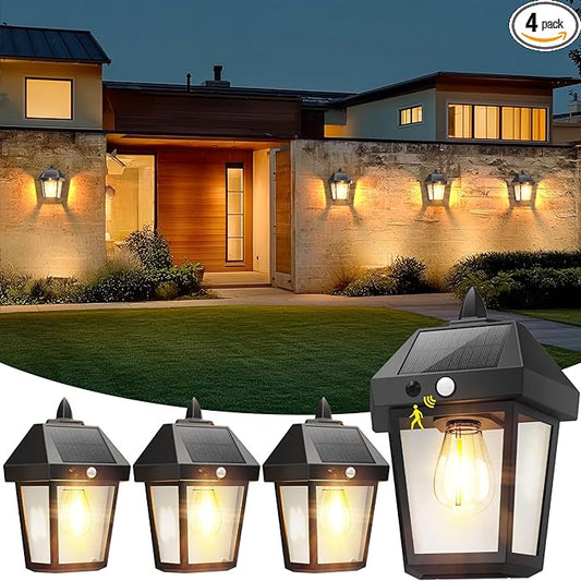 DERAYSION 4 Pack Solar Wall Lanterns,9 Inch Solar Porch Light with Motion Sensor, 3 Mode Adjustable Brightness Waterproof Outdoor Wall Lights for Porch Door Patio Fence Garage