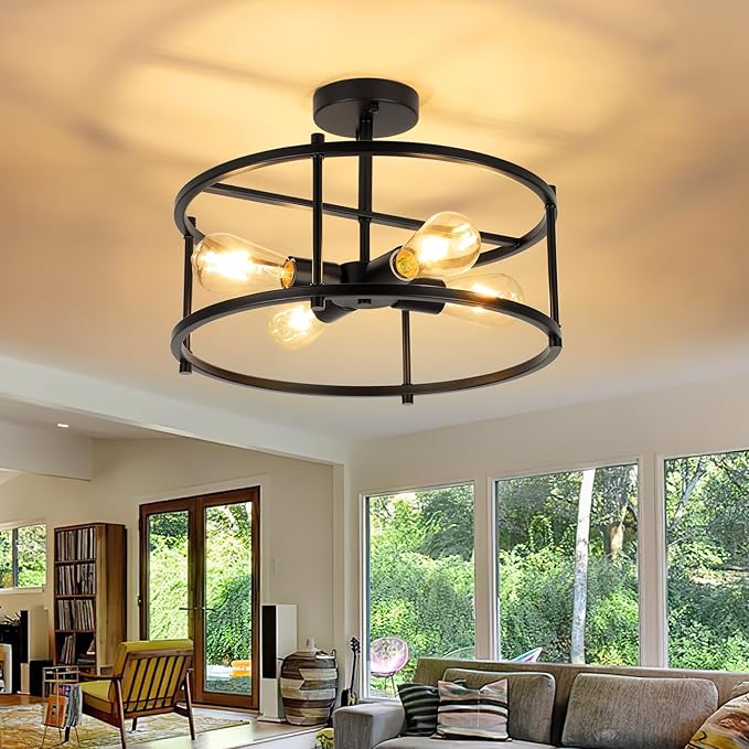 Semi Flush Mount Ceiling Light Fixtures 16.53'' Black Kitchen Light Farmhouse Ceiling Light Fixtures, 4 Light Industrial Semi Ceiling Lights for Bedroom, Dining Room Living Room Hallway