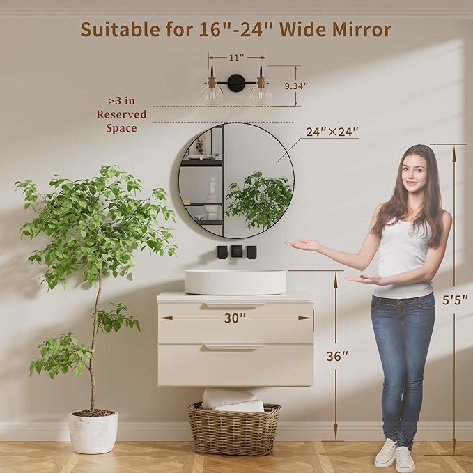 2 Light Bathroom Vanity Light, Black and Red Copper Bathroom Light Fixtures Over Mirror, Modern Copper Vanity Fixtures with Clear Glass Shade, Black Wall Sconce for Living Room