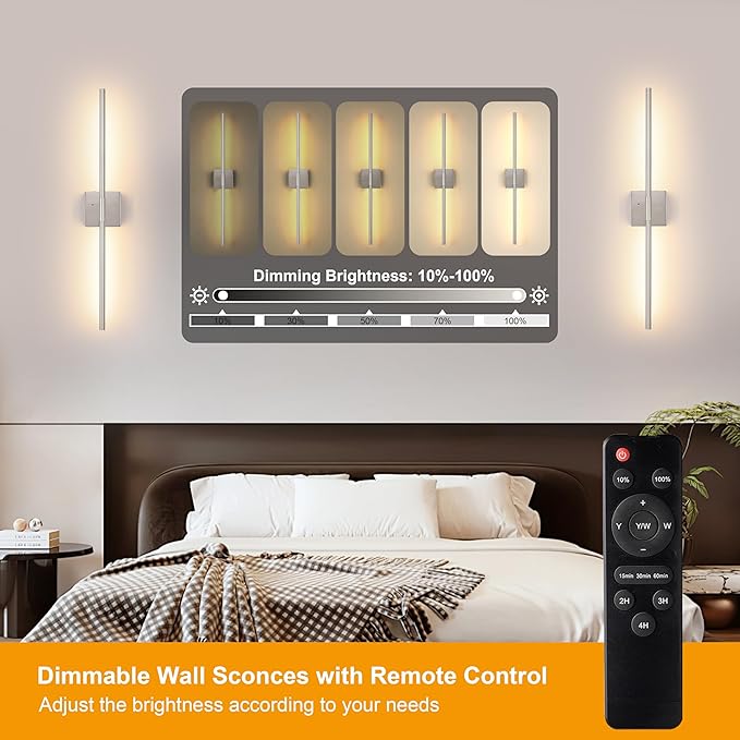Morauroral Battery Operated Wall Sconces Set of 2, Dimmable Battery Wall Sconce with Remote Control, Sand-Nickel LED Rechargeable Sconces, 30 Inch Modern Wireless Wall Lights for Bedroom, Living Room