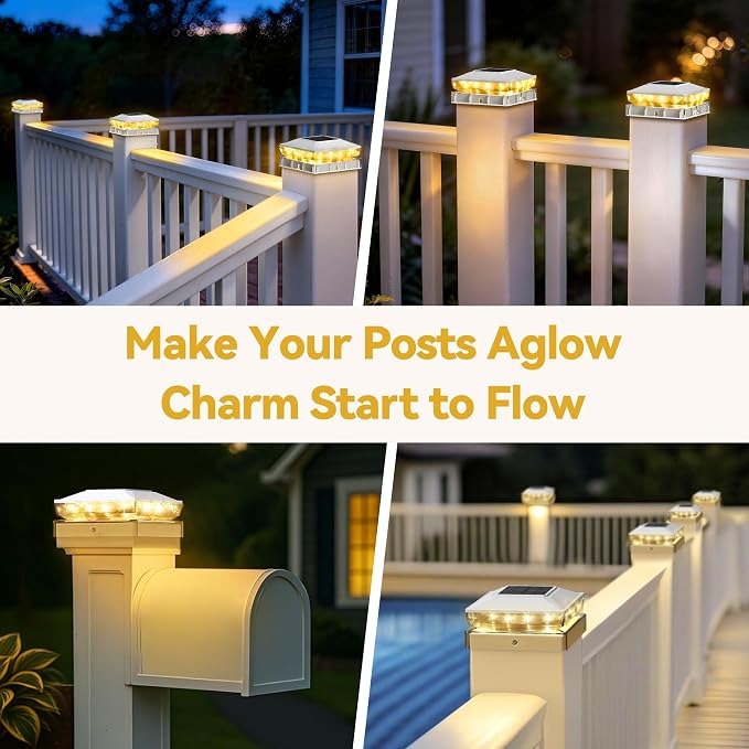 KEILAIMO Solar Post Cap Lights Outdoor, 2 Pack Upgraded Waterproof Deck Fence Post Solar Lights for 3.5x3.5 4x4 5x5 Vinyl/Wood Posts, 10-12 Hours Warm/Cool White Glow for Garden/Patio/Porch - White