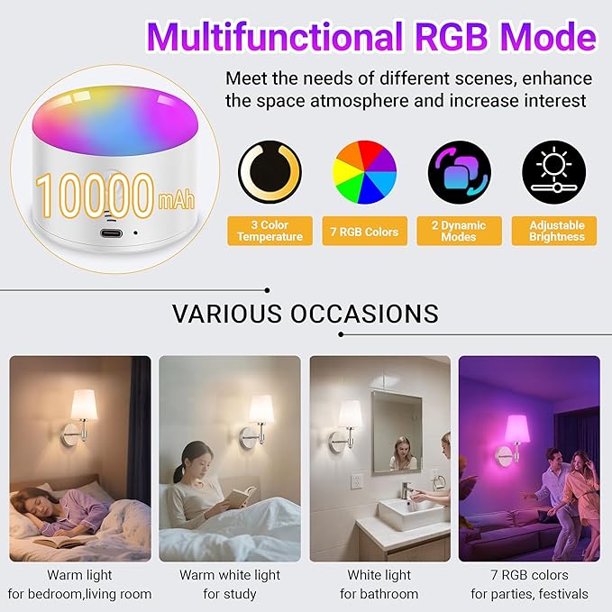 YHCDLAMP Battery Operated Wall Sconces Set of Two, Rechargeable Wireless Wall Lights with 10000mAh RGB Dimmable Detachable Bulb, Battery Sconces Wall Decor with Remote for Bedroom Living Room Hallway