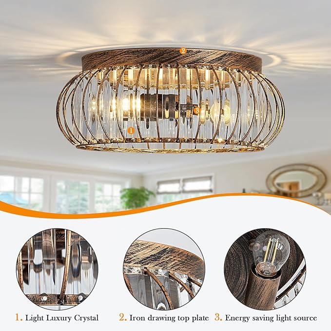 YYJLX Modern Crystal Ceiling Light Oil Rubbed Bronze Flush Mount Ceiling Light Fixture 3 Light Ceiling Chandelier for Hallway Bedroom Bathroom Foyer Living Room Dining Room Kitchen.
