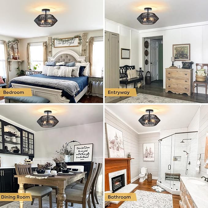 2-Lights Woven Rattan Ceiling Light Fixture, Black Farmhouse Hand-Woven Cage Semi Flush Mount Ceiling Light, Small Boho Coastal Basket Close to Ceiling Light for Bedroom Hallway Nursery Entryway
