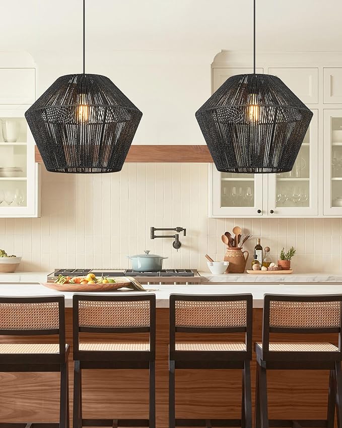 ELYONA 16.5” Large Modern Woven Chandelier Farmhouse Coastal Pendant Light Fixtures Matte Black Handwoven Rattan Basket Shade Boho Pendant Hanging Lamp for Kitchen Dining Room Bedroom Foyer Hallway